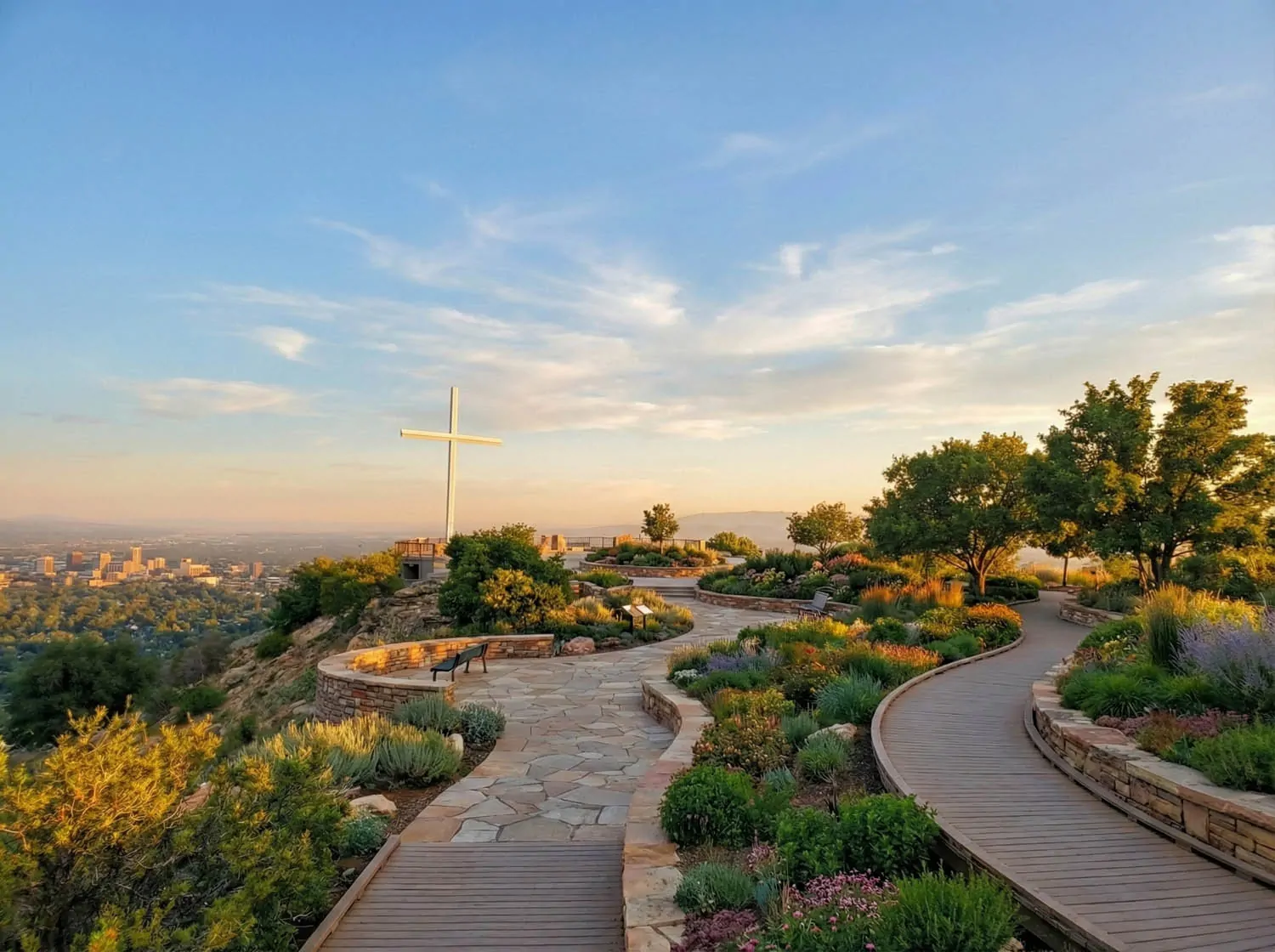 Vision concept rendering of Table Rock with stone pathways, native gardens, and city overlook.