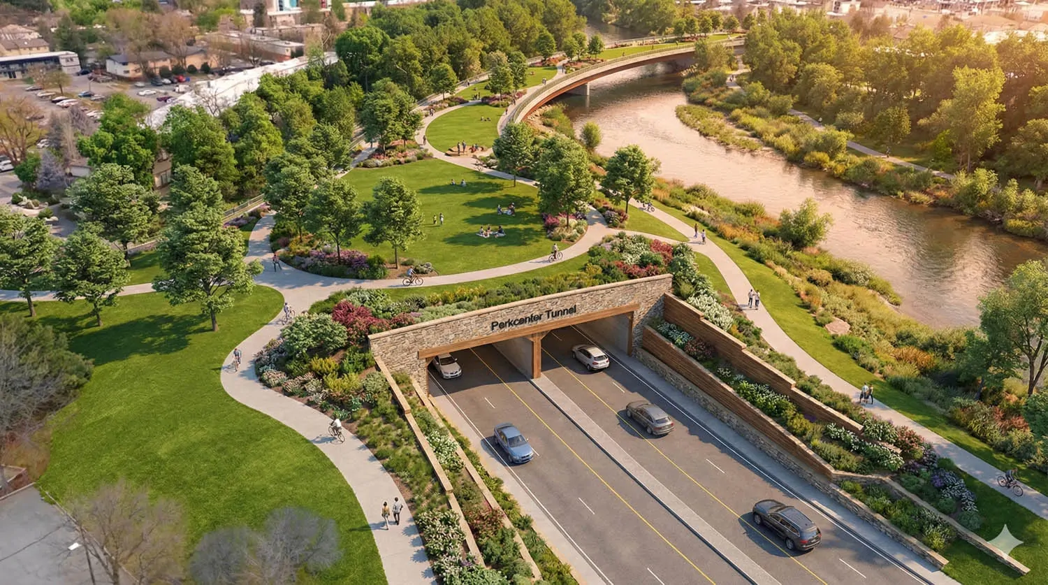 A visionary urban design rendering of the Parkcenter crossing reclaimed as a lush public park. The asphalt is replaced by vibrant green lawns and winding paths, with vehicular traffic submerged in a stone-faced tunnel and the bridge structure transformed into an elevated pedestrian garden.