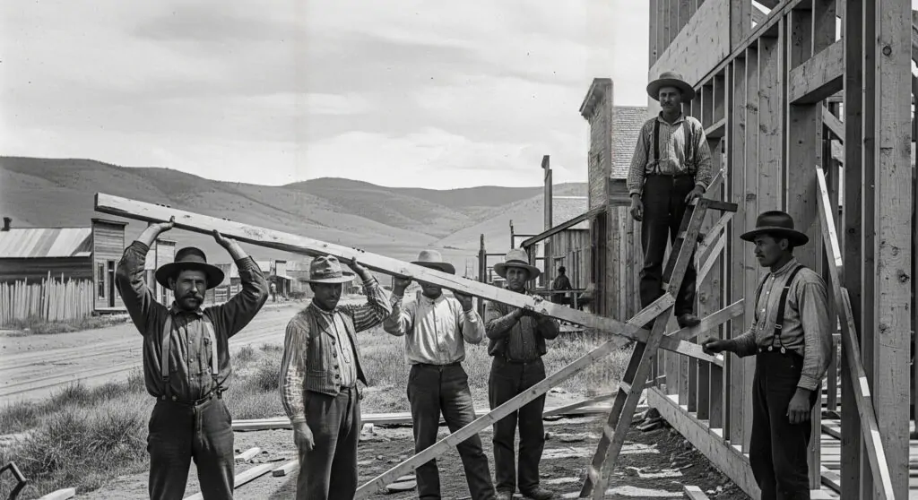 Archival black and white photograph of early settlers working together to frame a building in the Boise foothills, illustrating the collective effort of the Pioneer archetype versus the isolation of the Lone Ranger.