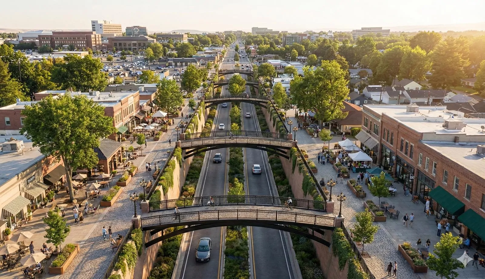 Concept rendering of Broadway Avenue with a lowered roadway, pedestrian bridges, landscaped promenade, and activated street frontage.