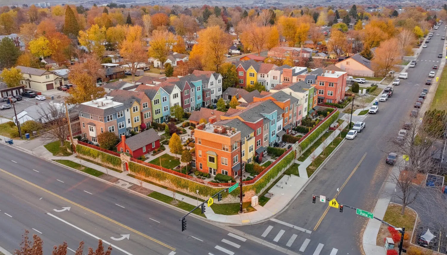 A rendering of a rowhouse-style housing concept with individual vertical units, landscaped paths, and a shared central courtyard enclosed by a stone perimeter wall facing the street.