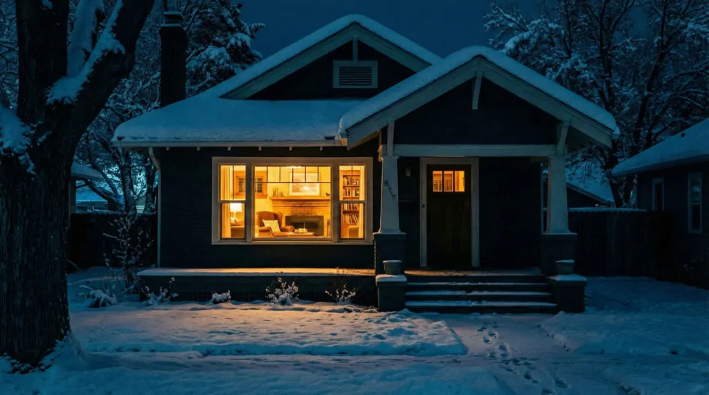 Night shot of a Boise craftsman bungalow in winter with warm light glowing from a front window, contrasting the cold snow outside with the sacred space inside.