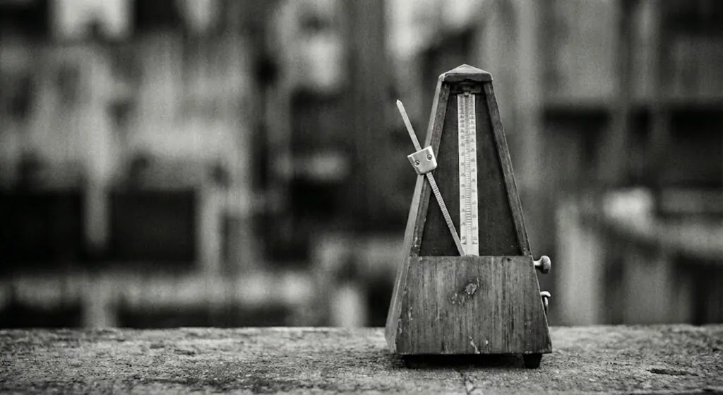 A grainy black and white photograph of a vintage wooden metronome resting on concrete. Its metal arm is frozen at the far left extreme of its swing, away from the center position, illustrating the concept of mechanical tension.