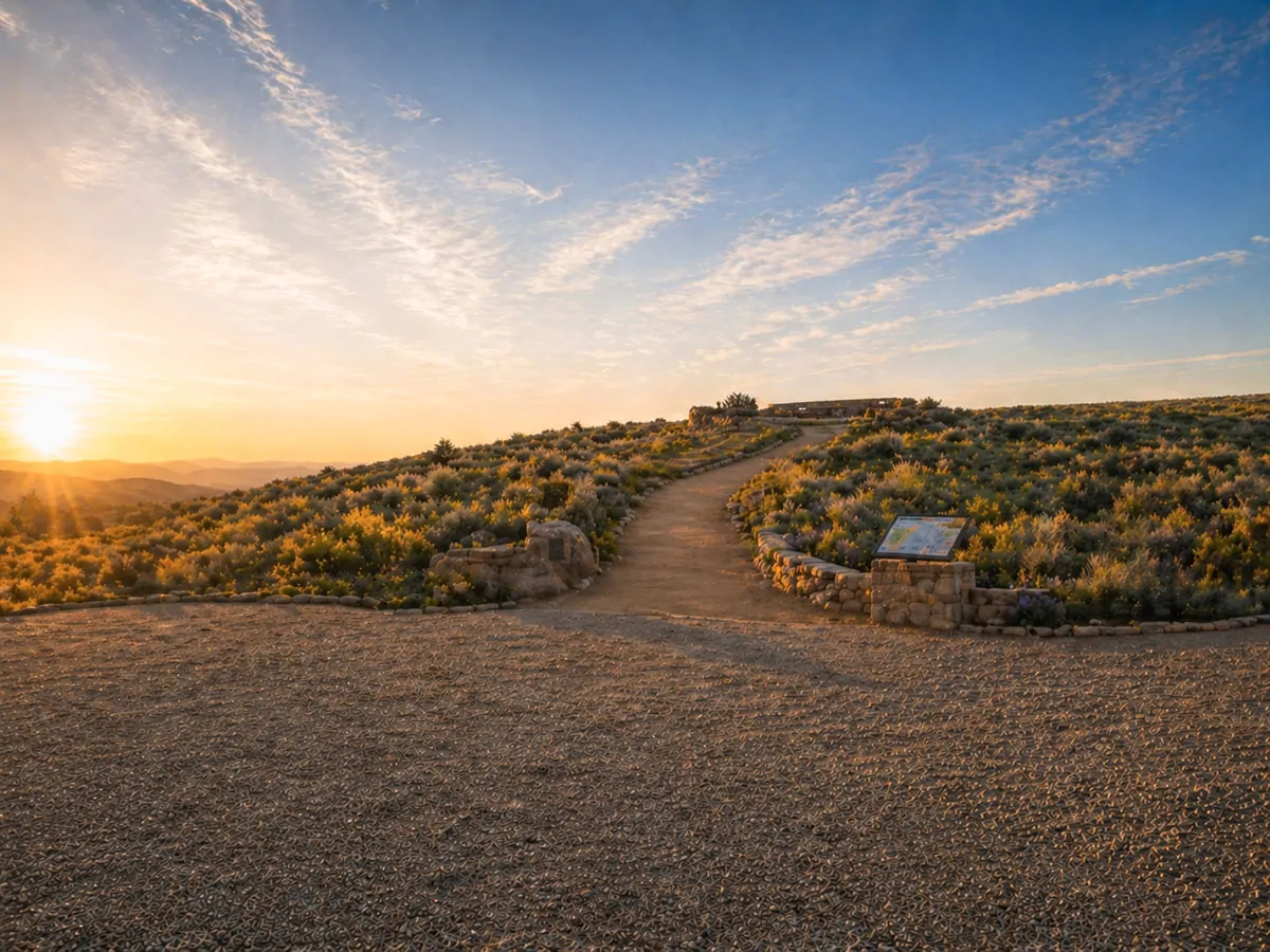 Reimagined Table Rock summit approach with an intentional circular parking area, a stone entry arch, native high-desert planting, and a defined pedestrian path, replacing the former utility-dominated landscape.