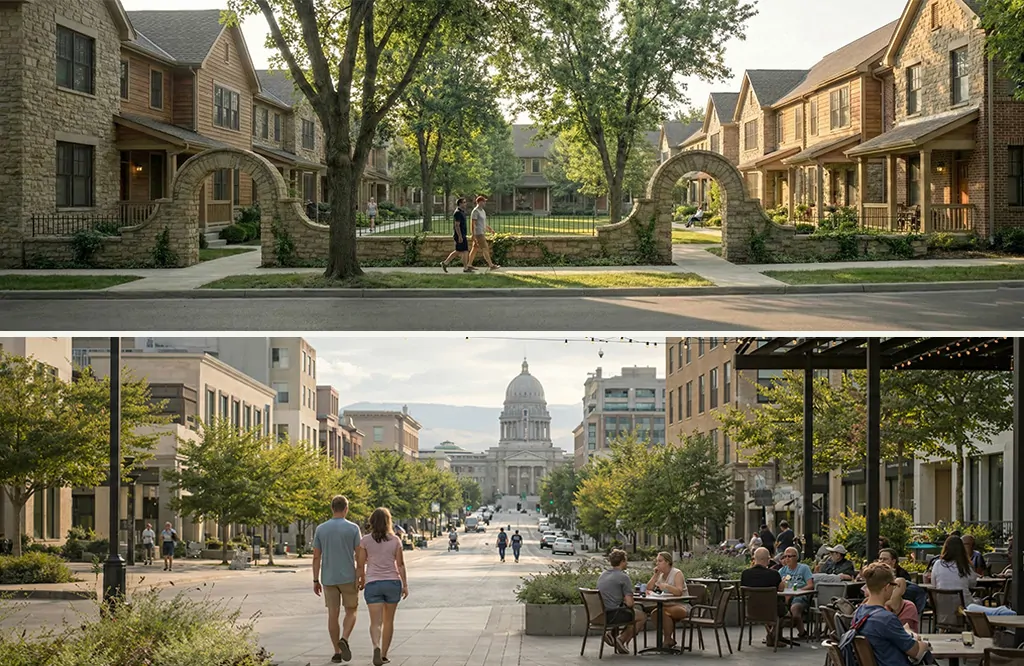 Composite image showing a human-scale residential block with stone arch courtyard above and a pedestrian-friendly Capitol Boulevard leading to the Idaho State Capitol below.