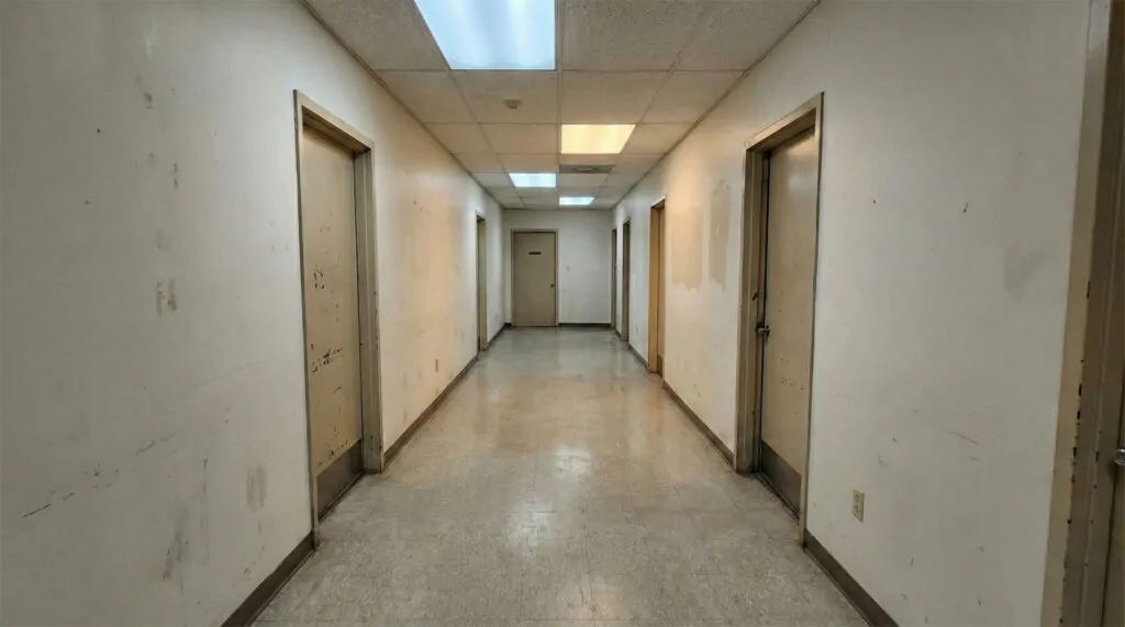 Long, empty institutional hallway with fluorescent ceiling lights, closed doors on both sides, and worn floors.
