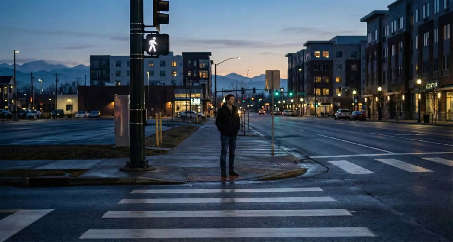 A young adult standing at urban crosswalk at dusk symbolizing modern rite of passage