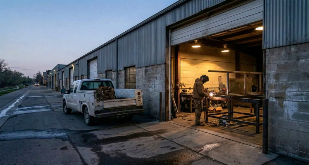 Early morning industrial building with interior lights on and a person welding inside.