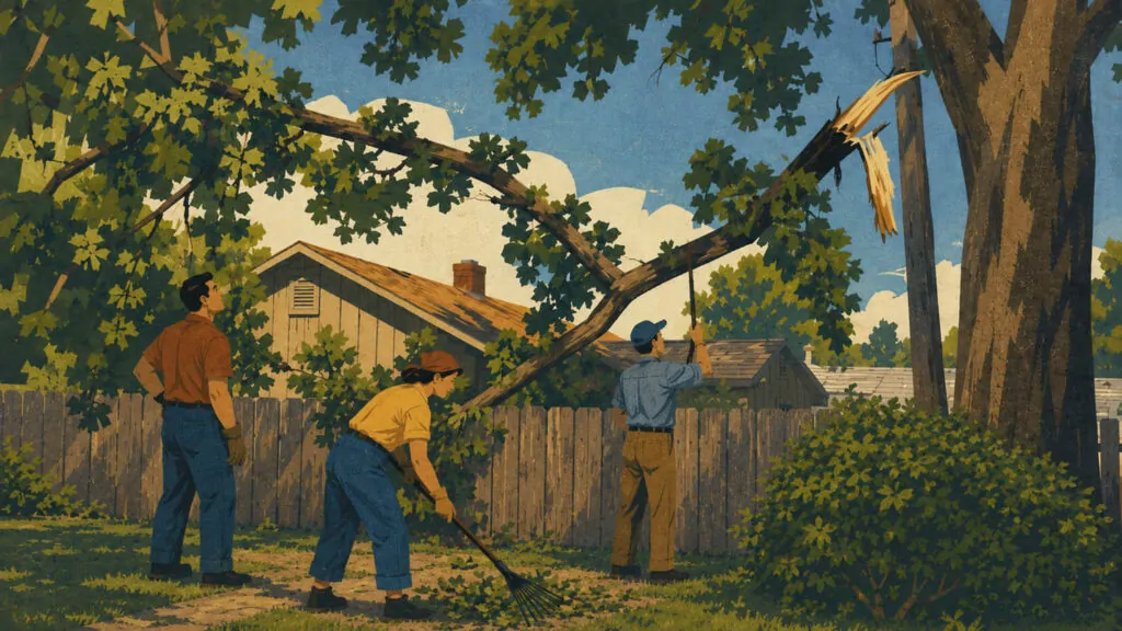 Three neighbors work together in a backyard to clear branches from a large tree damaged by a summer storm.