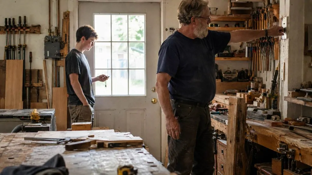A teenage apprentice holds a set of keys near the back door of a woodworking shop while an older woodworker switches off the lights.