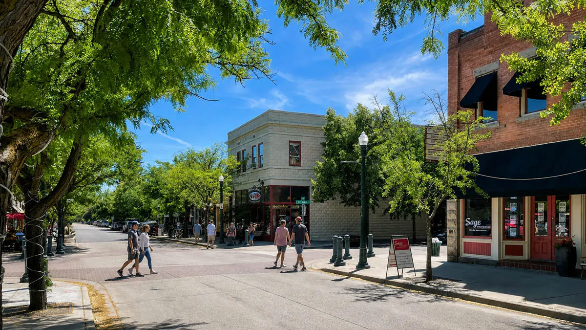 Pedestrians cross a tree-lined neighborhood street with historic brick storefronts, wide sidewalks, and shade trees in Boise.