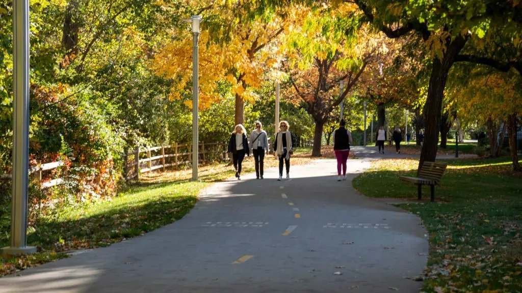 People walking along a tree-lined Boise path in autumn, with a bench beside the route.