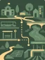 Illustrated icon of connected civic spaces, routes, and public infrastructure.